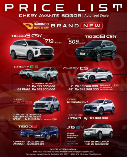 Pricelist Harga Chery gunungputri 2025